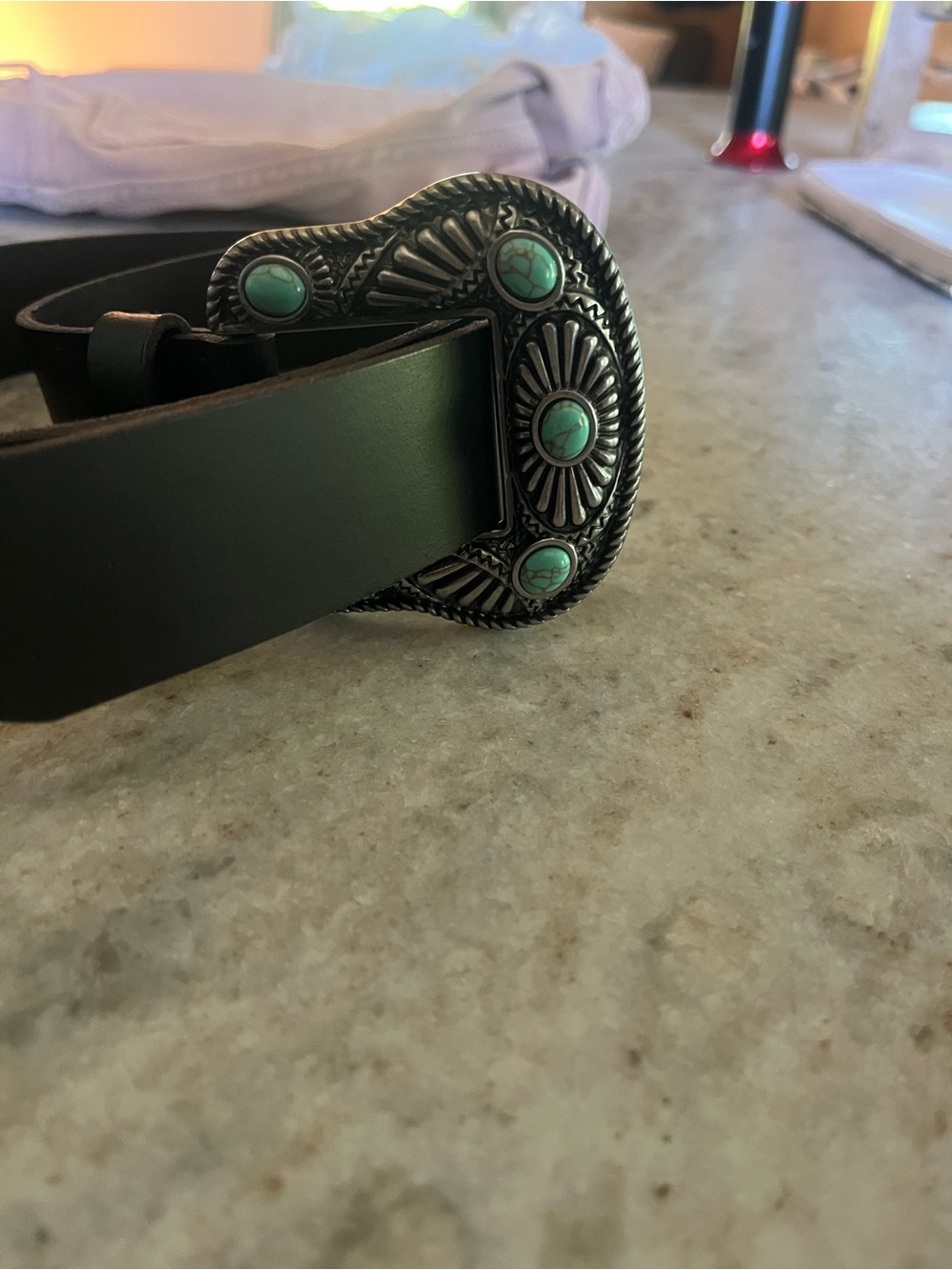 Lucky Brand Black Leather Belt with Turquoise Concho Buckle
